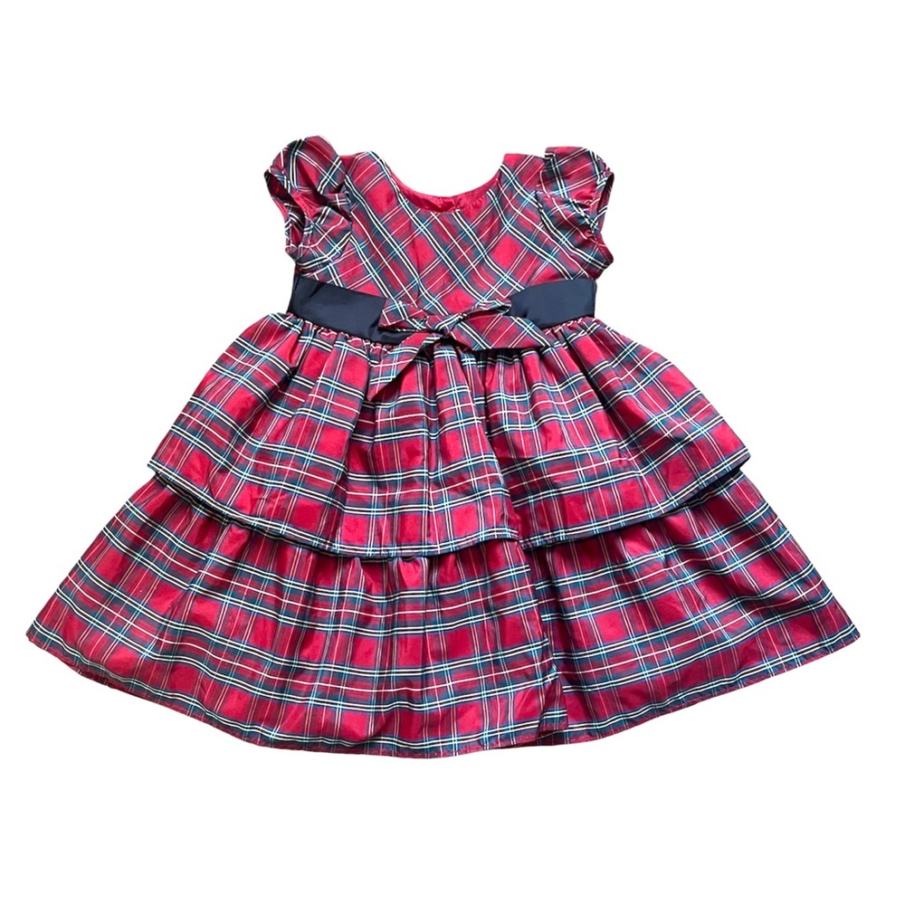Cherokee Girls Red Plaid Dress with Bow Full Tiered Skirt Lined Xmas Dress 24M
